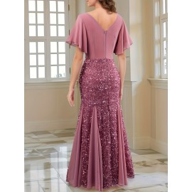 Elegant Pink Sequin Gown for Women - V-Neck, Short Sleeves, Flowing Skirt, Perfect for Parties and Formal Events, Formal Evening Wear | Vneck Gown | Sequin Embellishments, Dress