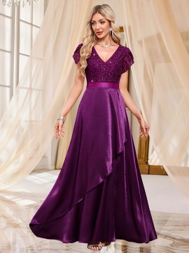 Elegant Purple Sequin Lace-Trimmed V-Neck Gown with Ruffle Sleeves and Flowing Skirt - Perfect for Formal Events, Formal Event Attire|Sequin Embellished Dress|Lace Trim Detail, Elegant Party Dress For Women, Elegant Dress For Women, Elegant Woman'S Dress
