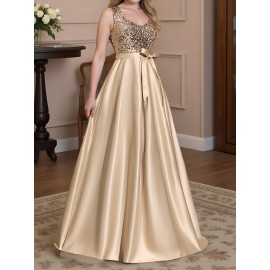 A formal evening gown with champagne colored elegant party sequins spliced high slit to the thigh back, a fashionable French wedding dress, suitable for party dinners/music performances/speech occasions, long dresses