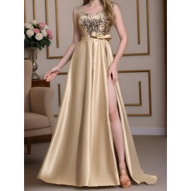 A formal evening gown with champagne colored elegant party sequins spliced high slit to the thigh back, a fashionable French wedding dress, suitable for party dinners/music performances/speech occasions, long dresses