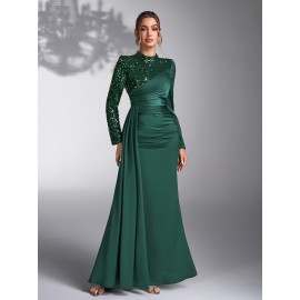 Emerald Green Sequin & Beaded Long Sleeve Bridesmaid Gown - Elegant Stand Collar Evening Dress for Weddings, Prom, Formal Events - All-Season Polyester Evening Dress for Women, Wedding Guest Attire | Sophisticated Bridesmaid Dress | Sequin Embellishments