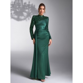 Emerald Green Sequin & Beaded Long Sleeve Bridesmaid Gown - Elegant Stand Collar Evening Dress for Weddings, Prom, Formal Events - All-Season Polyester Evening Dress for Women, Wedding Guest Attire | Sophisticated Bridesmaid Dress | Sequin Embellishments