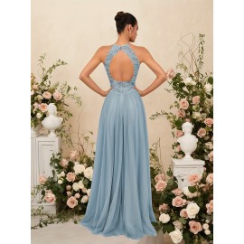 Elegant Blue Lace-Trimmed Maxi Dress with High Slit - Sleeveless, Flowing Design for Weddings, Proms & Formal Events, Perfect for Showcasing Fashionable Style, Formal Event Attire|Sleek Fitted Top|Lace Trim Detail