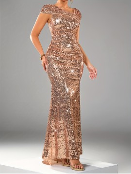 Women's Elegant Sequin Long Evening Gown - High-Waisted Mermaid Backless Formal Dress with Asymmetric One-Shoulder Neckline, Long Sleeve Sparkling Party Wedding Guest Gala Concert Dress, Mermaid Dress