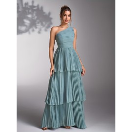 Elegant Mint Green Bridesmaid Evening Gown with Asymmetrical Neckline & Tiered Ruffled Skirt - Sleeveless A-Line Wedding Dress for Women, Perfect for Weddings and Formal Events, Dresses for Wedding Guest, Wedding Guest Attire, Sophisticated Craftsmanship