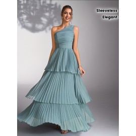 Elegant Mint Green Bridesmaid Evening Gown with Asymmetrical Neckline & Tiered Ruffled Skirt - Sleeveless A-Line Wedding Dress for Women, Perfect for Weddings and Formal Events, Dresses for Wedding Guest, Wedding Guest Attire, Sophisticated Craftsmanship