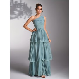 Elegant Mint Green Bridesmaid Evening Gown with Asymmetrical Neckline & Tiered Ruffled Skirt - Sleeveless A-Line Wedding Dress for Women, Perfect for Weddings and Formal Events, Dresses for Wedding Guest, Wedding Guest Attire, Sophisticated Craftsmanship