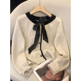 Elegant French-Style Color Block Long Sleeve Sweater with Bow Tie Detail, Round Neck, Button Front, Ribbed Cuffs - Perfect for Spring/Summer/Fall/Winter Outings and Valentine'S Day, Cute Sweaters