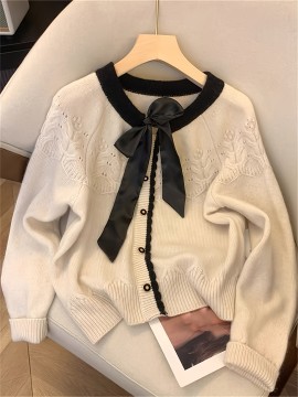 Elegant French-Style Color Block Long Sleeve Sweater with Bow Tie Detail, Round Neck, Button Front, Ribbed Cuffs - Perfect for Spring/Summer/Fall/Winter Outings and Valentine'S Day, Cute Sweaters