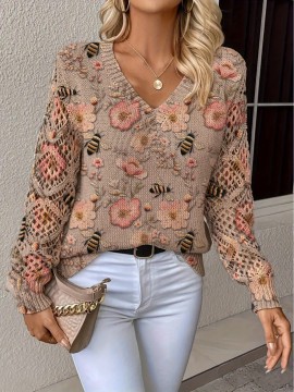 Elegant All-Season Bohemian Fashionable Versatile Pullover V Neck Long Sleeve Women's Top with Floral Pattern Flat Digital Print, Full-Piece Knitwear for Office Wear Street Style Home Outings