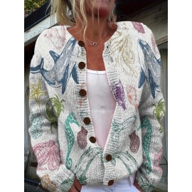 [Vibrant Marine Cardigan] Soft & Vibrant Women's Casual 3D Marine Animal Print Cardigan | Long Sleeve, Button-Up, Round Neck, Sea Creature Design, Hand Wash or Dry Clean, All-Season Comfort, Ocean Theme, Comfortable Layering, Youthful Style, Textured