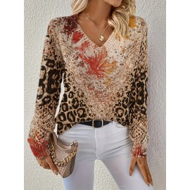 Elegant Bohemian V-Neck Long Sleeve Top for Women - Chic Floral Print, All-Season Versatile Pullover with Ruffled Sleeves, Perfect for Office, Streetwear, Home & Travel, Versatile Fashion|Vneck Top|Allseason Top