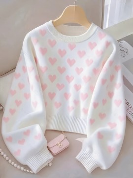 Women's Sweater - Soft Pink Heart pattern Sweater, Chic Crewneck Pullover for Everyday & Formal Outfits, All-Season Elegant Women's Sweater, Versatile Fashion, Sweet Aesthetic Top, Comfortable Fit, Durable Fabric