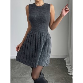 2pcs Elegant Set: Gray Button-Front Long-Sleeve Sweater and Round-Neck Pleated Sleeveless Dress