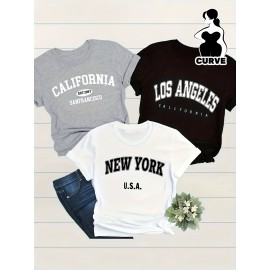 3-Pack Plus Size Letter Print T-Shirt, Short Sleeve Crew Neck Casual Top for Summer & Spring, Women'S Plus Size Clothing