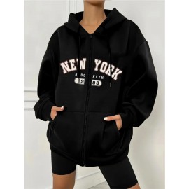 Women's Plus Size New York Graphic Hoodie - Casual Gray Zip-Up Sweatshirt with Kangaroo Pocket, Long Sleeves, and Ribbed Cuffs, Cute Hoodies