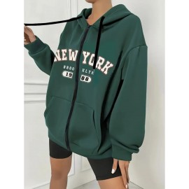 Women's Plus Size New York Graphic Hoodie - Casual Gray Zip-Up Sweatshirt with Kangaroo Pocket, Long Sleeves, and Ribbed Cuffs, Cute Hoodies