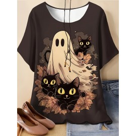 Plus Size - Plus Size - Women'S Plus Size Halloween T-Shirt - Cute Ghost & Pumpkin Print, Casual Crew Neck Short Sleeve Top, Medium Stretch, Non-Transparent, Machine Washable, Festive Summer Fashion, Halloween Apparel | Playful Print Top | Stretchy Fabric