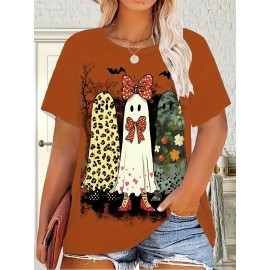 Plus Size - Plus Size - Women'S Plus Size Halloween T-Shirt - Cute Ghost & Pumpkin Print, Casual Crew Neck Short Sleeve Top, Medium Stretch, Non-Transparent, Machine Washable, Festive Summer Fashion, Halloween Apparel | Playful Print Top | Stretchy Fabric