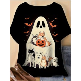 Plus Size - Plus Size - Women'S Plus Size Halloween T-Shirt - Cute Ghost & Pumpkin Print, Casual Crew Neck Short Sleeve Top, Medium Stretch, Non-Transparent, Machine Washable, Festive Summer Fashion, Halloween Apparel | Playful Print Top | Stretchy Fabric