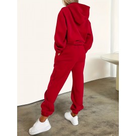 Machine Washable Polyester Blend Women's Casual Hoodie & Jogger Set - Letter Print, Drawstring Waist with Pockets, Perfect for Fall/Winter