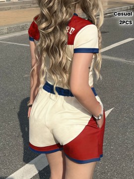 2pcs Campus Style s Set, Women'S Short Sleeve + Shorts, Red and Blue Contrast Number Print No. 33, Summer Casual Outfit