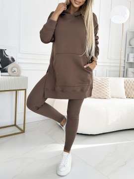 Women'S Elegant Long Sleeve Hoodie & Leggings Set - Cozy Brown Pullover with Drawstring Hood, Slim Fit Pants, Perfect for Fall/Winter, Casual Wear, Casual Wear|Sleek Fitted Top|Stretchy Fabric
