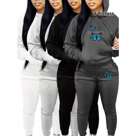 Women's Casual Butterfly Pattern Knit Polyester Two-Piece Set with Hooded Long Sleeve Hoodie and Regular Fit Pants with Pockets