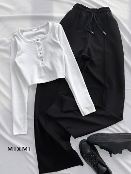 Casual Stretch Slim Fit Crew Neck Button Pullover T-Shirt + Elastic Waist Wide Leg Pants Long Set
