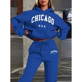[Chicago U.S.A. Print Hoodie Set] Red Polyester Women's Chicago U.S.A. Letter Print Hoodie & Pants Set - Drawstring, Machine Washable Casual Outfit