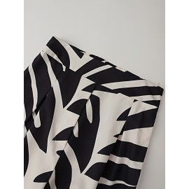 Women's 2pcs Sleeveless Off-Shoulder High-Waisted Set - Black & White Geometric Zebra Stripe Wide-Leg Pants & Top, Non-Stretch Summer Outfit for Beach, Casual Semi-Formal Wear, 2pcs Outfit Set (No Accessories Included)