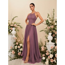 Elegant Blue Lace-Trimmed Maxi Dress with High Slit - Sleeveless, Flowing Design for Weddings, Proms & Formal Events, Perfect for Showcasing Fashionable Style, Formal Event Attire|Sleek Fitted Top|Lace Trim Detail