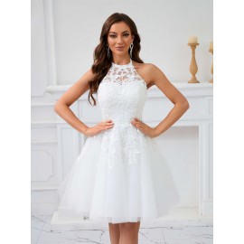 [Elegant Wedding Dress] Elegant Lace Women's Wedding Dress | Sleeveless A-Line Flared Skirt with Round Neck, Built-In Chest Pads & Hand Washable Design for Bridal & Formal Events