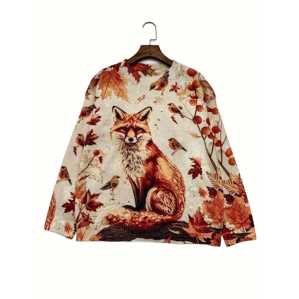 [Retro Fox Sweater] Retro 3D Fox & Birds Print Pullover Sweater | Long Sleeve Round Neck Loose Fit with Autumn Leaves Design, All-Season Casual Chic Top
