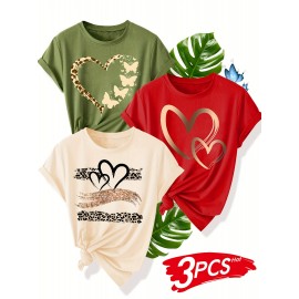 [3pcs Retro Tees] 3pcs Retro Love Heart Graphic Tees | Casual Short Sleeve Women's T-Shirts in Beige, Red & Orange with Golden Accents, Soft Polyester Blend