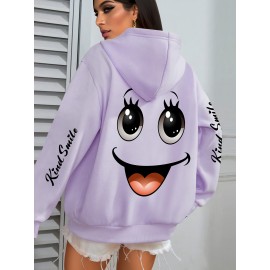 Plus Size smiling face Print Hoodie, Casual Fashion Sweatshirt, Hooded Pocket Drawstring Sweatshirt for Fall & Winter, Women's Clothing
