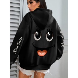 Plus Size smiling face Print Hoodie, Casual Fashion Sweatshirt, Hooded Pocket Drawstring Sweatshirt for Fall & Winter, Women's Clothing