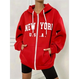 Women's Plus Size New York Graphic Hoodie - Casual Gray Zip-Up Sweatshirt with Kangaroo Pocket, Long Sleeves, and Ribbed Cuffs, Cute Hoodies