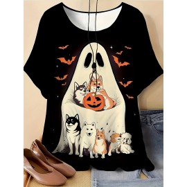 Plus Size - Plus Size - Women'S Plus Size Halloween T-Shirt - Cute Ghost & Pumpkin Print, Casual Crew Neck Short Sleeve Top, Medium Stretch, Non-Transparent, Machine Washable, Festive Summer Fashion, Halloween Apparel | Playful Print Top | Stretchy Fabric