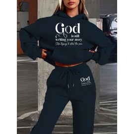 Machine Washable Polyester Blend Women's Casual Hoodie & Jogger Set - Letter Print, Drawstring Waist with Pockets, Perfect for Fall/Winter