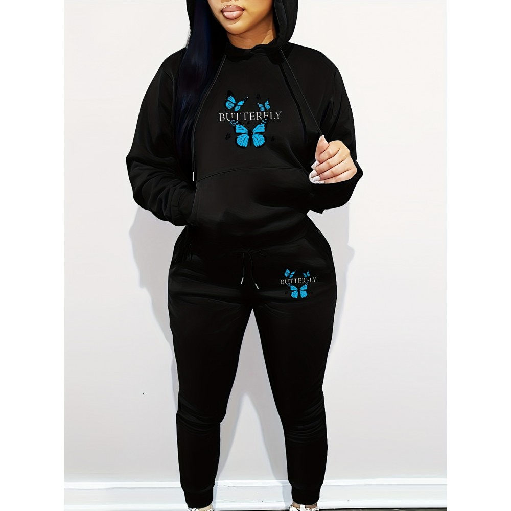 Women's Casual Butterfly Pattern Knit Polyester Two-Piece Set with Hooded Long Sleeve Hoodie and Regular Fit Pants with Pockets