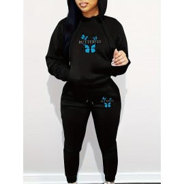 Women's Casual Butterfly Pattern Knit Polyester Two-Piece Set with Hooded Long Sleeve Hoodie and Regular Fit Pants with Pockets