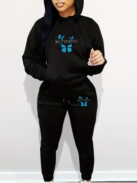 Women's Casual Butterfly Pattern Knit Polyester Two-Piece Set with Hooded Long Sleeve Hoodie and Regular Fit Pants with Pockets