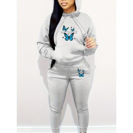 Women's Casual Butterfly Pattern Knit Polyester Two-Piece Set with Hooded Long Sleeve Hoodie and Regular Fit Pants with Pockets