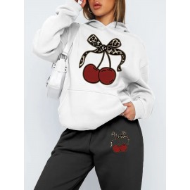 [Playful Design|Cherry Themed] Playful Design|Cherry Themed Hoodie and Pants Set - Casual Long Sleeve Pullover with Pockets, Fall/Winter Collection, Women's Fashion